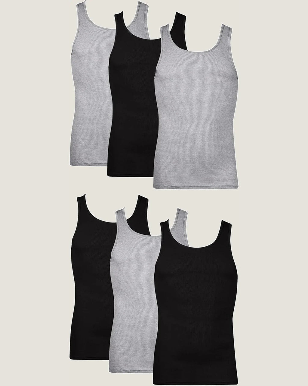 Six Hanes tank undershirts in black and grey