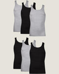 Six Hanes tank undershirts in black and grey