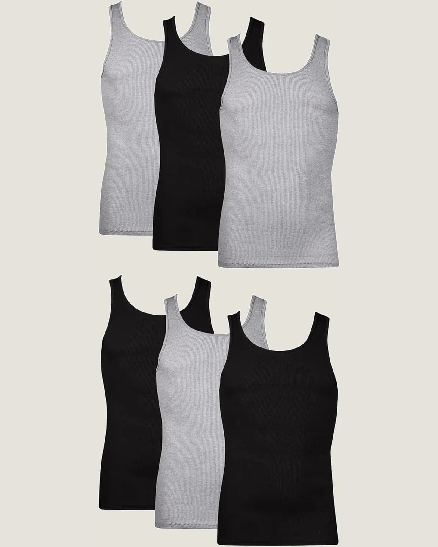 Six Hanes tank undershirts in black and grey