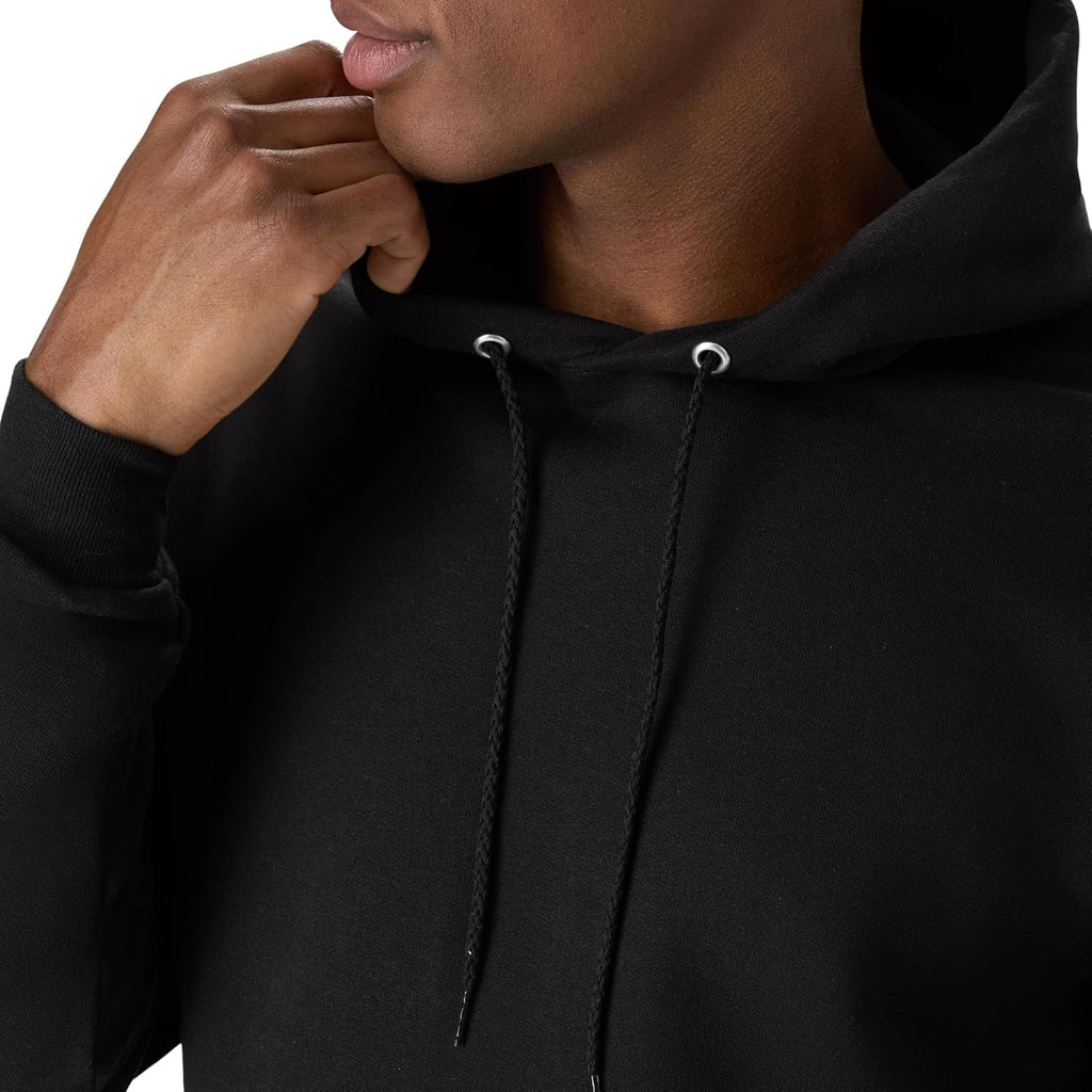 Hood and drawstring detail, black fleece hoodie