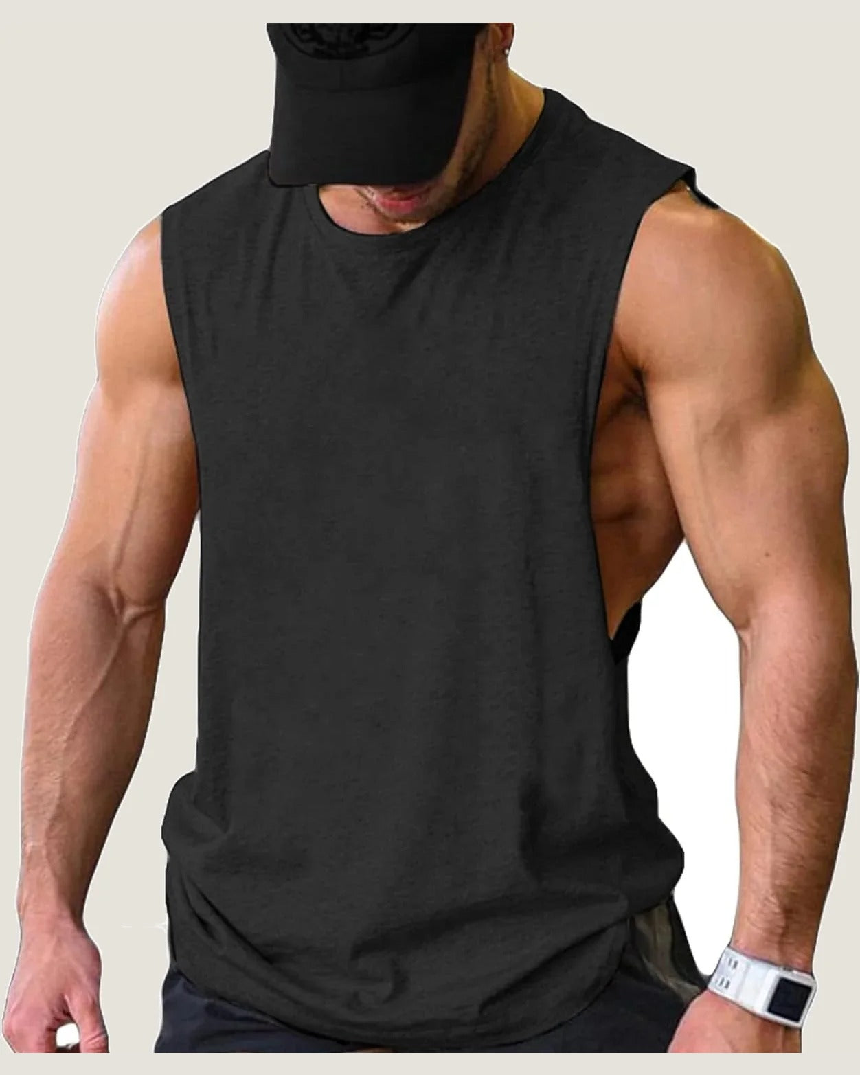 COOFANDY training tank in black, worn view