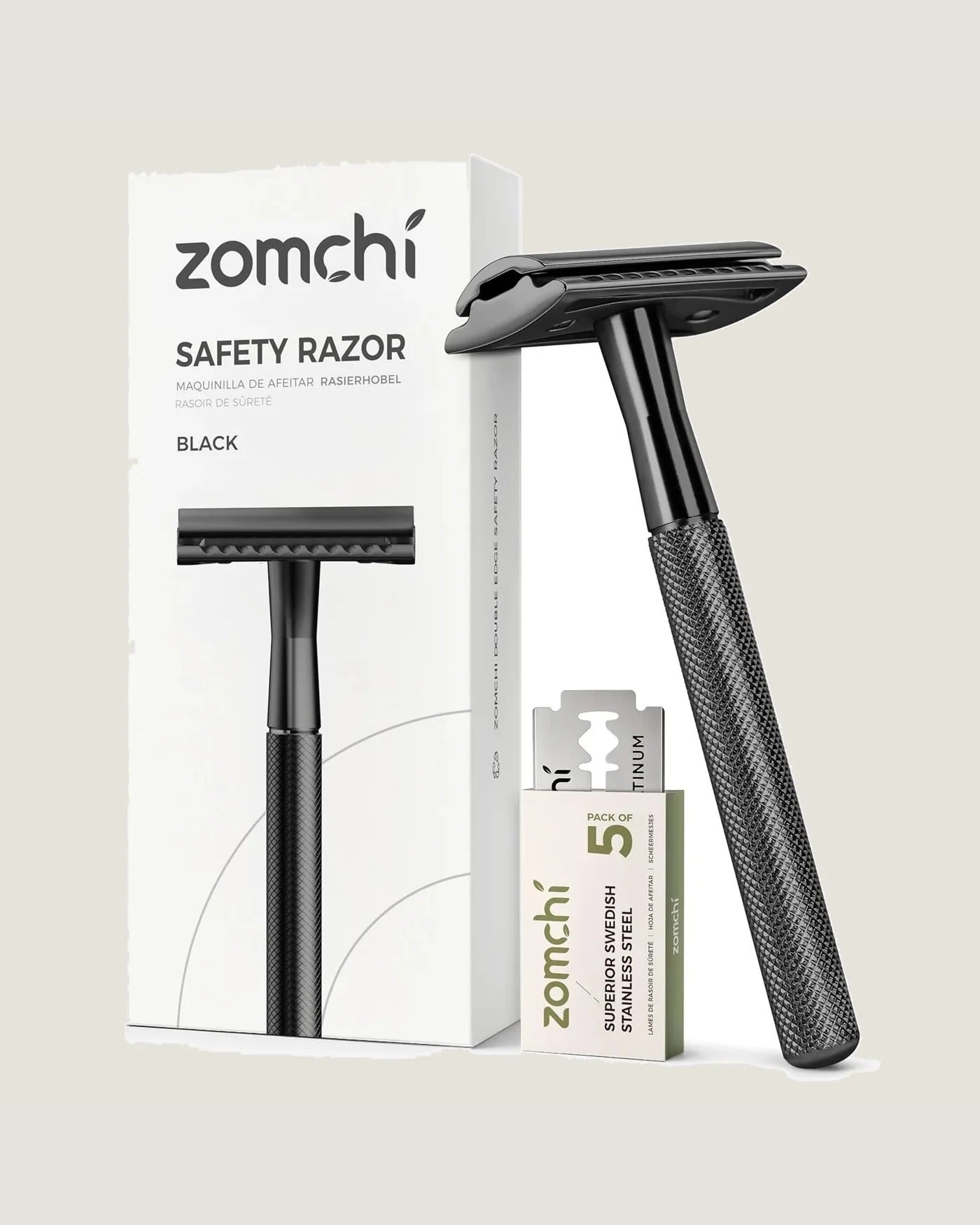 ZOMCHI black double-edge safety razor with box and 5 blades