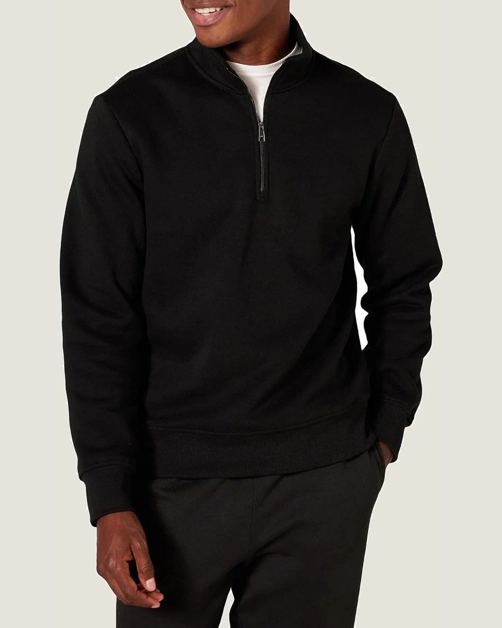 Quarter-zip fleece in black, worn view