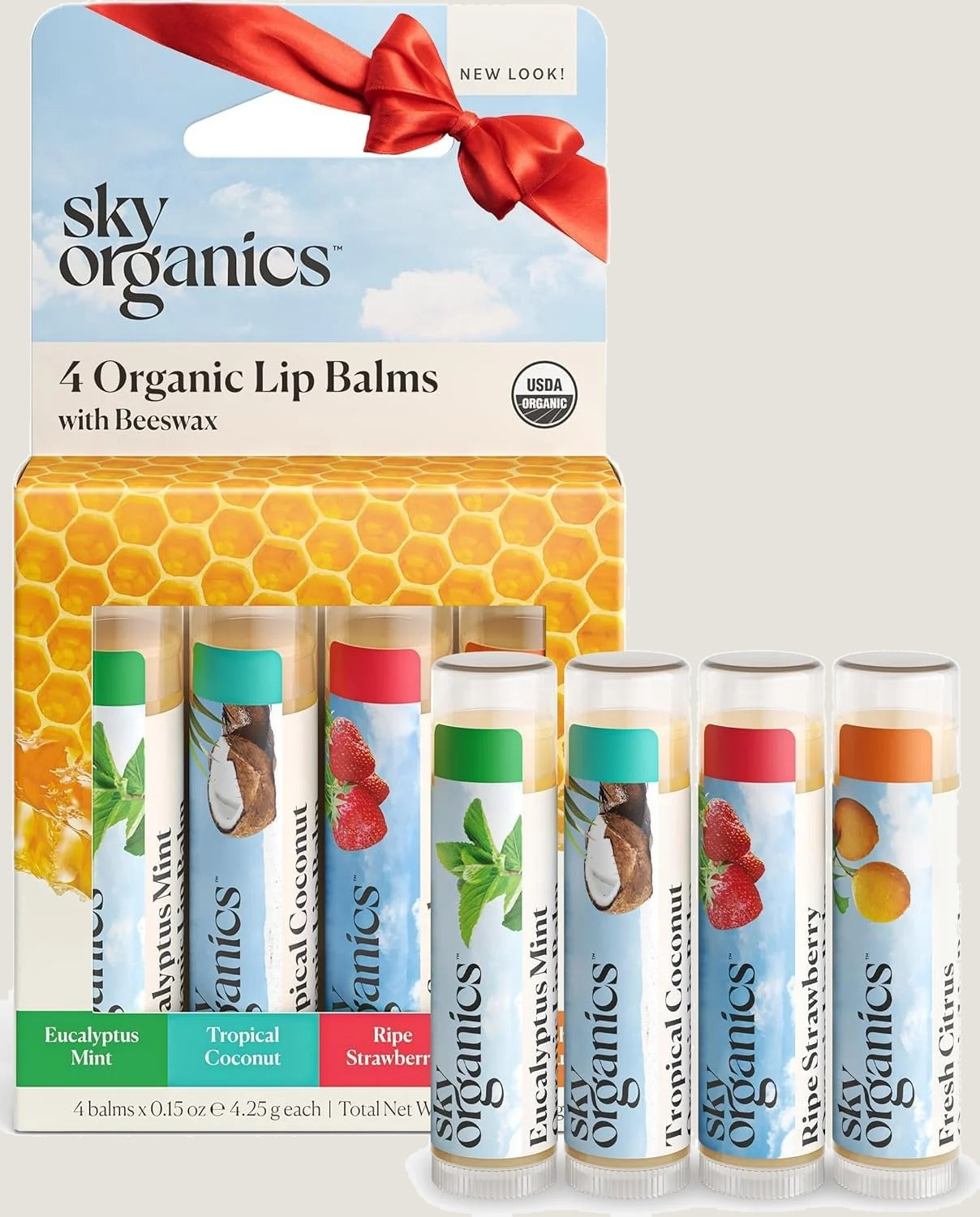 USDA Organic Beeswax Lip Balms for Dry Lips, 4 Organic Scents