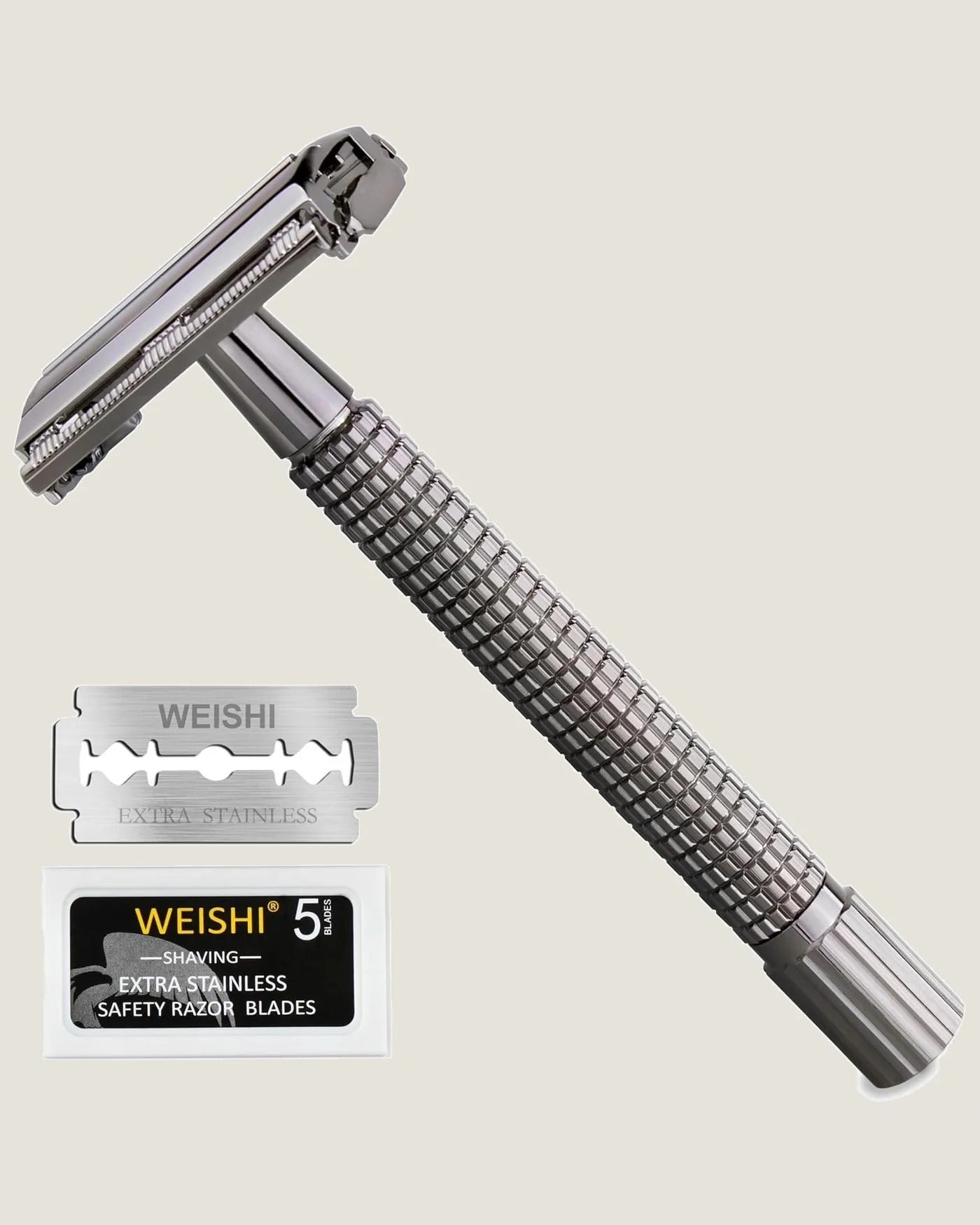 Butterfly Open Double Edge Safety Razor for Men, Nostalgic Long Handle with 5 Stainless Razor Blades, Reusable Wet Shave Tool for Smooth, Close Shave
