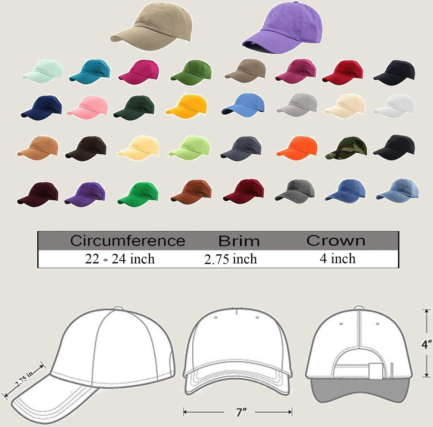 Baseball Cap Dad Hat 100% Cotton Polo Style Plain Blank Adjustable Size.