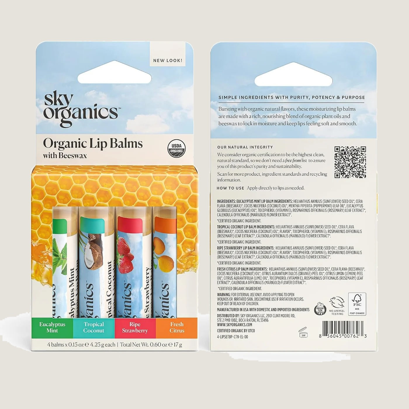 USDA Organic Beeswax Lip Balms for Dry Lips, 4 Organic Scents