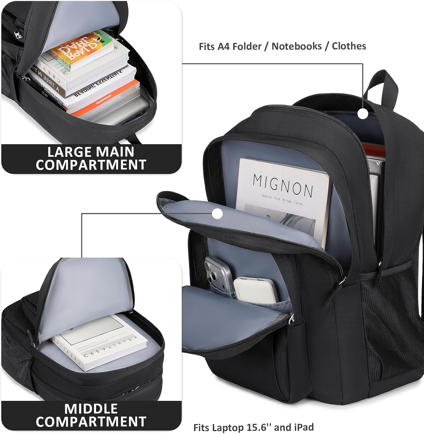 Classical Basic Womens Travel Backpack for College Men Water Resistant Bookbag (Black)