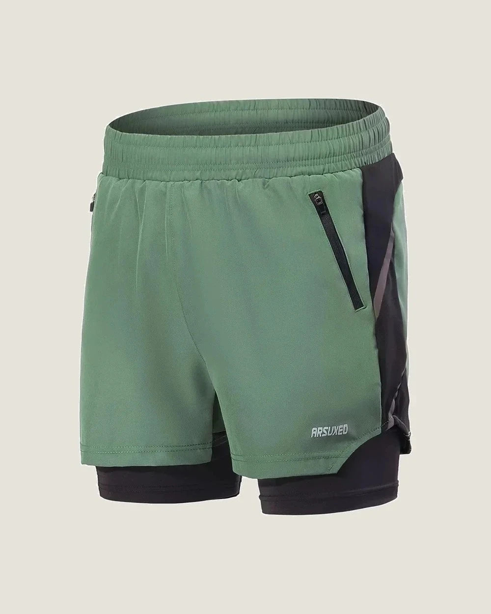2-in-1 gym shorts, dark grey, front view showing outer shell and liner