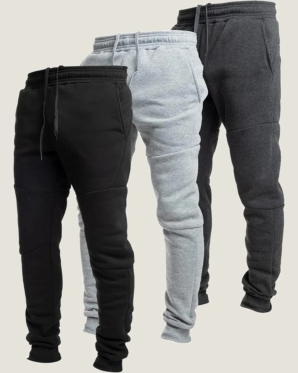Three fleece joggers in black, charcoal, and heather grey