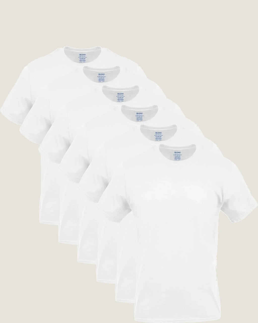 Six white Gildan crew-neck tees, fanned