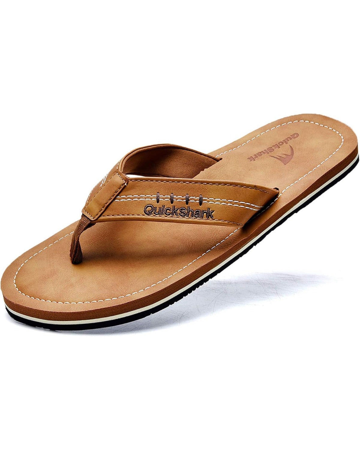 Khaki leather-strap flip-flop with contoured footbed