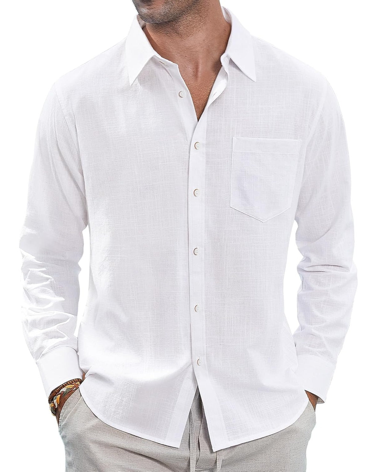Plain white linen button-down shirt with chest pocket