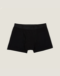Black boxer briefs flat lay on off-white background