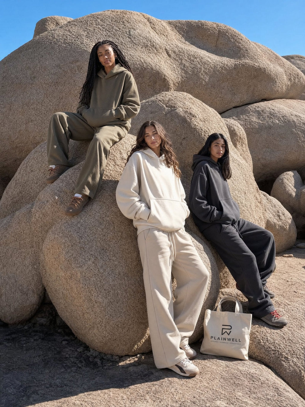 Olive hoodie and sweatpant set worn in desert scrub