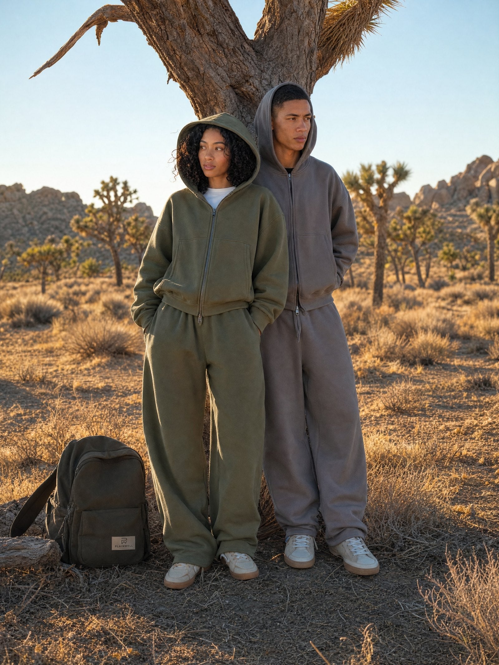 Olive zip hoodie worn with matching sweatpants in the desert