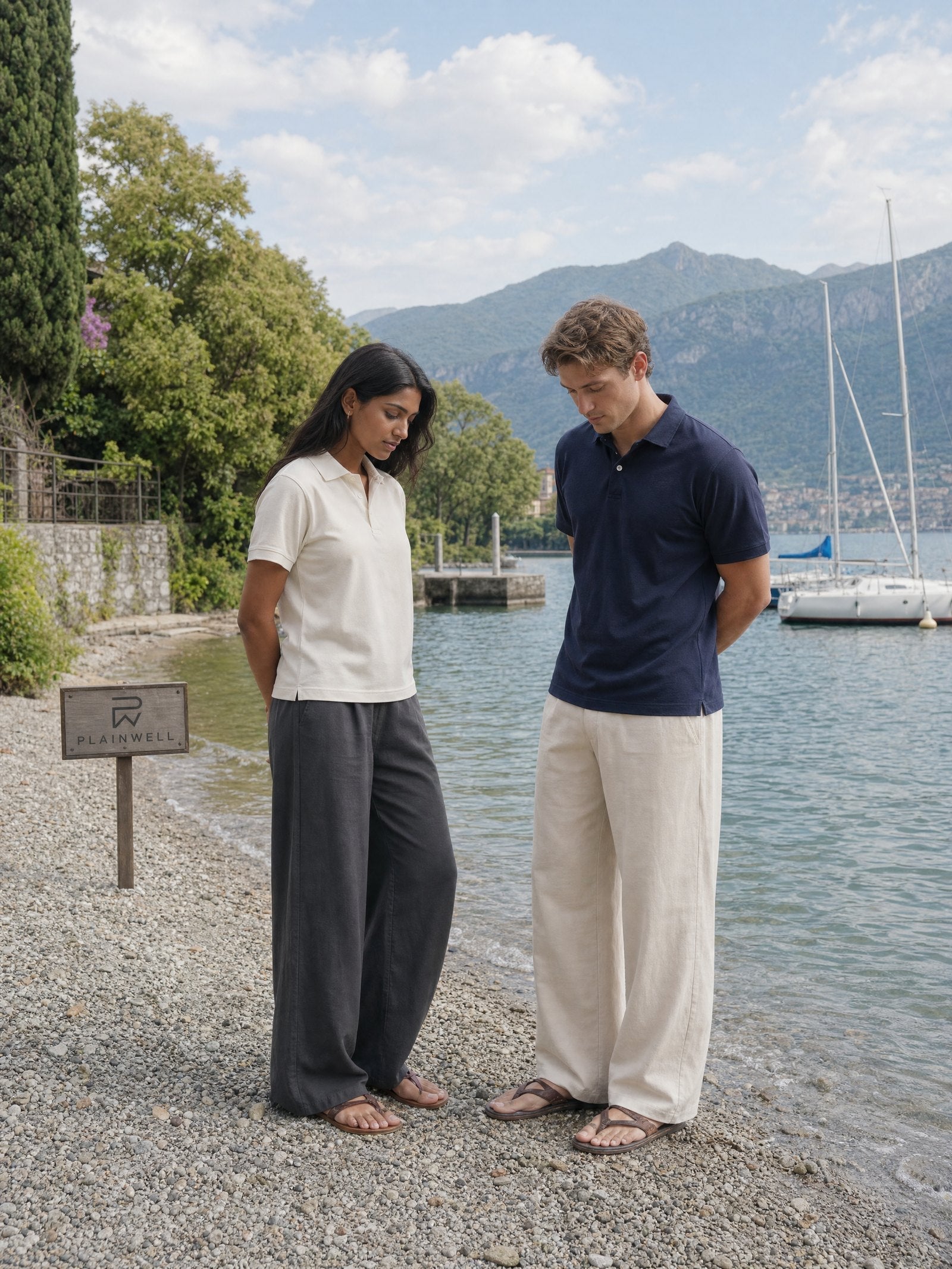 Navy pique polo worn with cream linen trousers by a lake