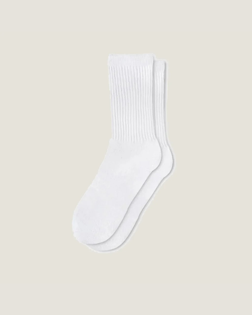 White ribbed crew socks with cushioned sole, pair on white background