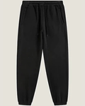 Black tapered joggers with elastic cuffs and drawstring, flat lay