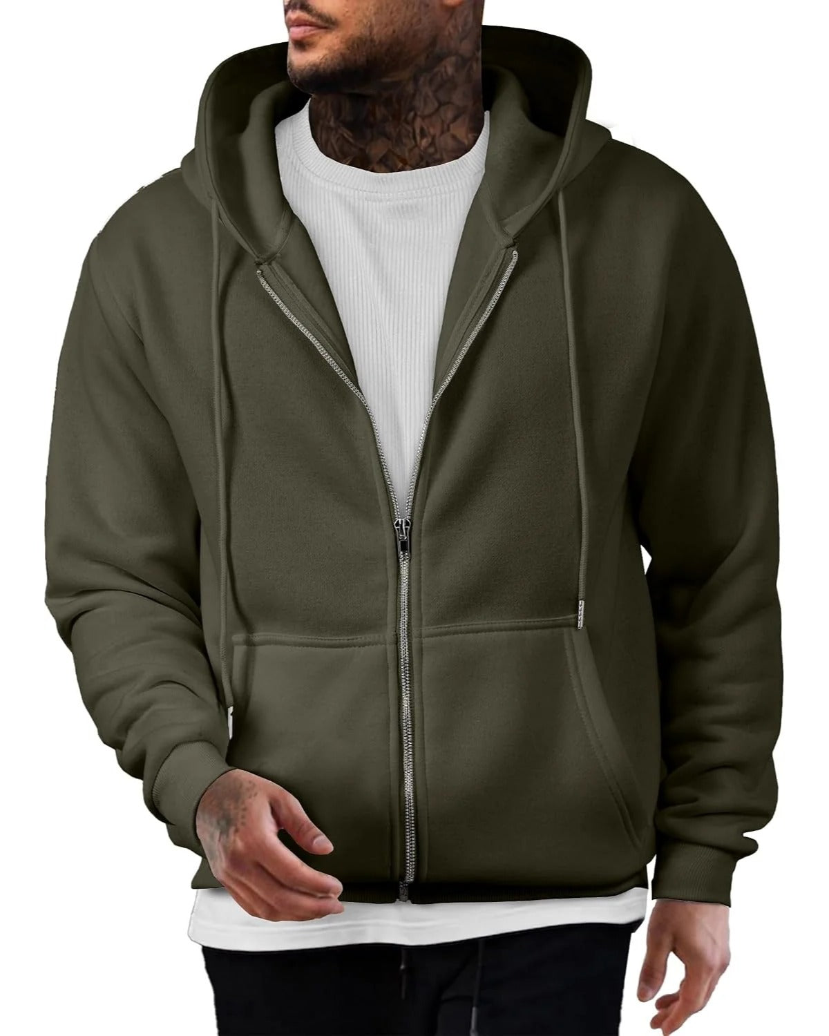 Zip Hoodie in moss green, oversized fleece-lined cut
