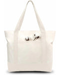 Natural cotton canvas tote with zip top and outside pocket