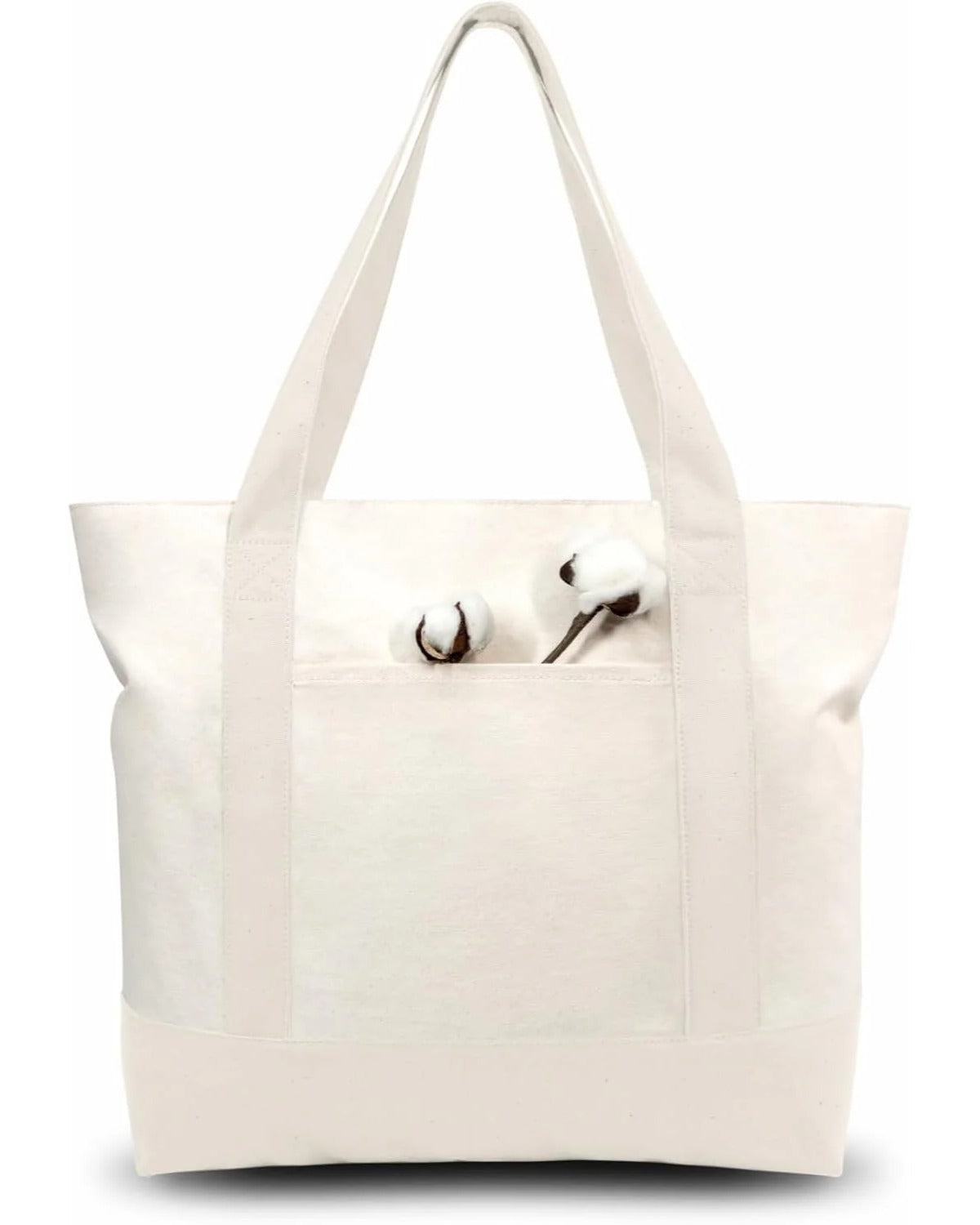 Natural cotton canvas tote with zip top and outside pocket